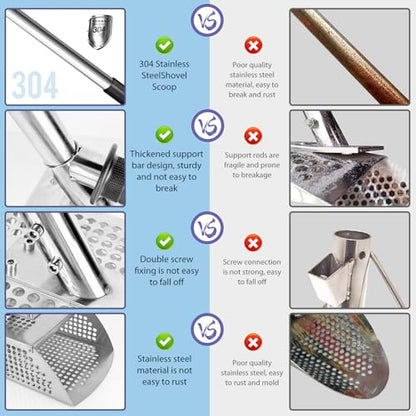 Sand Scoop for Metal Detecting - Metal Detector Sand Flea Rake for Beach with Anti Slip Handle Heavy Duty Stainless Steel Sand Sifter Shovel with Long Handle Ideal for Underwater Treasure Hunting