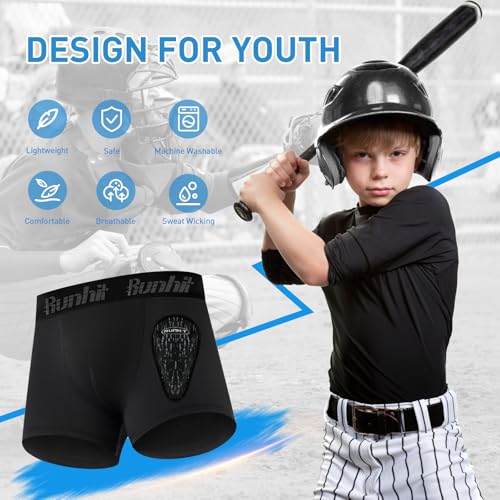 Runhit Boys Baseball Cup Underwear Football Cup Boxer Brief Youth Compression Shorts with Soft Protective Athletic Cup - color: 2pack:black+black, size: Small