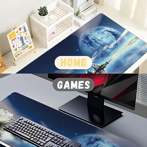 Extended Gaming Mouse Pad SciFi Space Moon Large Mousepad with Stitched Edges,Anti-Slip Rubber Base Keyboard Mouse Mat Desk Pad for Gaming Home Office 35.4 x 15.7 inches - color: Scifi Space Moon