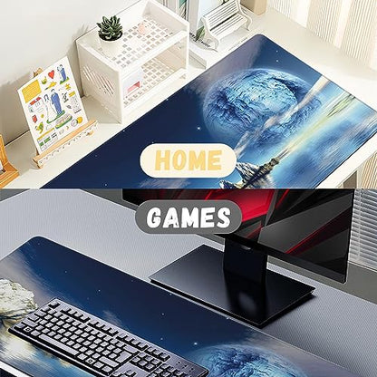 Extended Gaming Mouse Pad SciFi Space Moon Large Mousepad with Stitched Edges,Anti-Slip Rubber Base Keyboard Mouse Mat Desk Pad for Gaming Home Office 35.4 x 15.7 inches - color: Scifi Space Moon