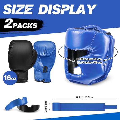 Kanayu 14 Pcs Boxing Gloves and Headgear Set for Beginners Youth 16 Ounce Boxing Gloves Headgear Helmet Hand Wraps Mouth Guards Equipment for Beginners Training Equipment Gifts - color: Black, Blue