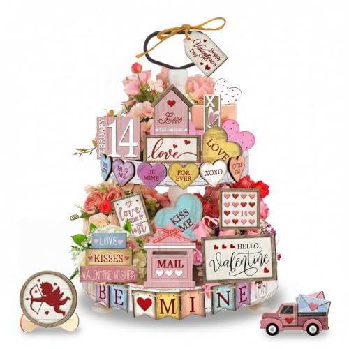 27 Pcs Valentine's Day Tiered Tray Decor Set - Rustic Wooden Farmhouse Decor with Heart Truck Signs & Romantic XOXO Wooden Signs for Home Decor,Pink Table Decor for Home, Kitchen, Living Room(No Tray) - size: 4.8" x 3.8" x 0.4"