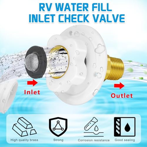 RV City Water Inlet with Check Valve, RV Fresh Water Inlet Replacement, Lead-free Brass 3/4 NH Female to 1/2 NPT Male, RV Water Inlet Connection for RV Camper Motorhome Trailer Marine, White - color: White