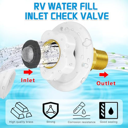 RV City Water Inlet with Check Valve, RV Fresh Water Inlet Replacement, Lead-free Brass 3/4 NH Female to 1/2 NPT Male, RV Water Inlet Connection for RV Camper Motorhome Trailer Marine, White - color: White