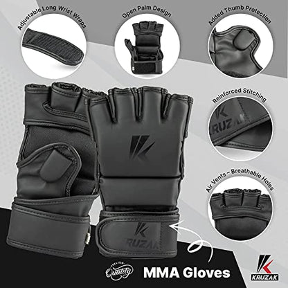 Kruzak MMA Gloves, Half-Finger Boxing Mitts with Hand Wraps - color: Matte Black, size: Large-X-Large