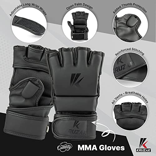 Kruzak MMA Gloves, Half-Finger Boxing Mitts with Hand Wraps - color: Matte Black, size: Small-Medium