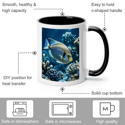 Ocean Fish Ceramic Coffee Mug 11oz with Black Handle Colored Inside Thick Non-Slip Base Heat Transfer Friendly Tea Cup Ideal for Hot Drinks Home Office And Gifting