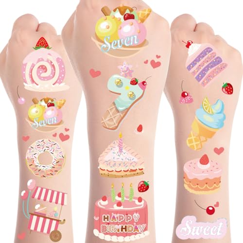 8 Sheets 200+ Sweet Donut Temporary Tattoos Sweet Sassy and Seven Birthday Decorations Ice Cream Doughnut Stickers Happy 7th Birthday Theme Temporary Tattoos Party Favors Supplies Prizes Rewards - color: Sweet Sassy and Seven