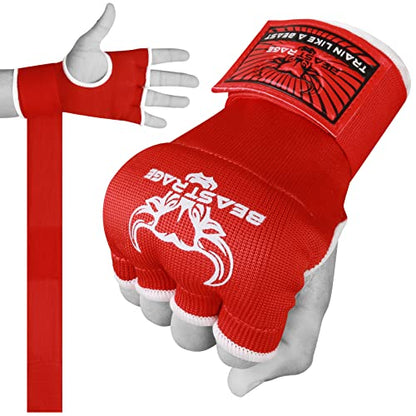 BEAST RAGE Inner Gloves with Hand Wraps Quick Wrap Long 36" Wrist Support MMA Muay Thai Bandages Punching Martial Arts Training Men Women Kickboxing Bandages Under Bag Gloves - color: Red Rage, size: M (Adult)