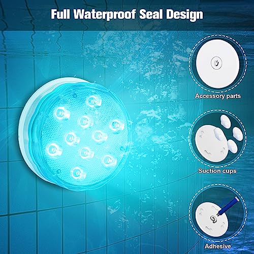 Rechargeable Submersible LED Lights with Remote, USB Color Changing Aquarium Lights with Magnet Suction Cups, Waterproof Underwater Pool Lights for Inground Pool Shower Hot Tub Accessories, 2Packs