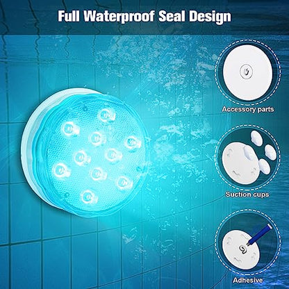 Rechargeable Submersible LED Lights with Remote, USB Color Changing Aquarium Lights with Magnet Suction Cups, Waterproof Underwater Pool Lights for Inground Pool Shower Hot Tub Accessories, 2Packs