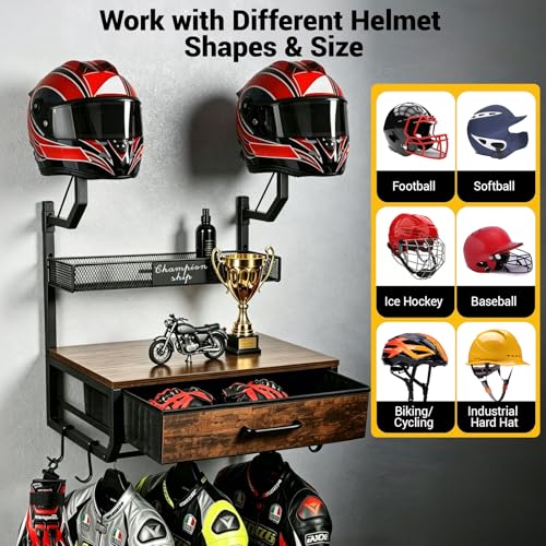 Motorcycle Helmet Holder Wall Mount for 2 Helmets, Black/Rustic