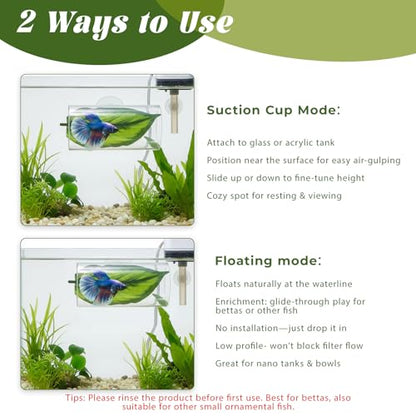 2 Pcs Acrylic Betta Hammock Tunnel Fish Tank Accessories with Soft Faux Leaf Fish Shelter Hideaway with Suction Cups for Sleeping Hiding Resting