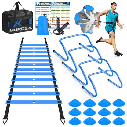 Agility Ladder, Agility Speed Training Equipment Set, 20ft Speed Ladder | 4 Hurdles, 12 Soccer Cones, Jump Rope, Running Parachute, Soccer Football Basketball Training Equipment Accessories - color: Blue
