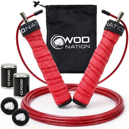 WOD Nation Weight Jump Rope for Men & Women, 1LB Adjustable Heavy Speed Rope with Removable Handle Weights, Dual Cables for Cross Training, Cardio, Home Workouts Adult Fitness Jump Rope - color: Red