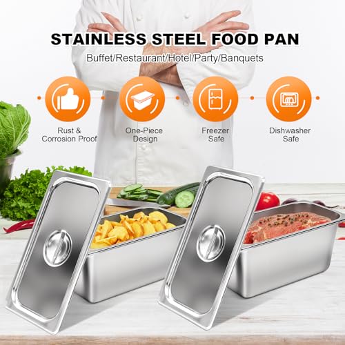 8 Pack Stainless Steam Hotel pan 1/3 Size x 6 inch Deep Table Pan with Lid Food Storage Containers Anti Steam Pan Restaurant Anti Clogging Steamer 12.8 x 6.9 x 5.9 inch for Party, Restaurant, Hotel