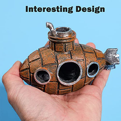 Resin Submarine Aquarium Ornament, Small Fish and Shrimp Hideout Cave Decor for Freshwater or Saltwater Tanks, Brown, Size 5.12 x 2.36 x 3.54 in, 1 Pack