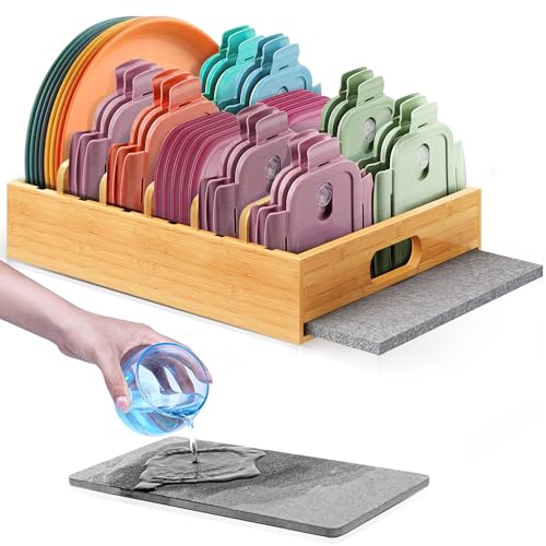 [UPGRADED] Bamboo Lid Organizer with Diatomite Base, Moisture-Absorbing Kitchen Cabinet Organizer for Food Storage Container Lid, Adjustable Pot Lid Holder Bamboo Caddy for Cabinet, Drawer, Countertop
