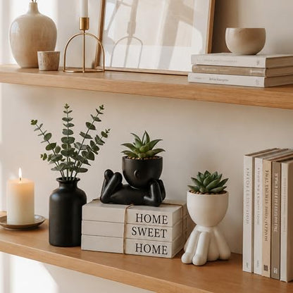 4PCS Farmhouse Home Decor Set, 3Pcs Faux Books + 2Pcs Fake Succulents Plants + 1Pcs Ceramic Vase with 5Pcs Eucalyptus Stems, for Room Shelf Table Decor Aesthetic Indoor