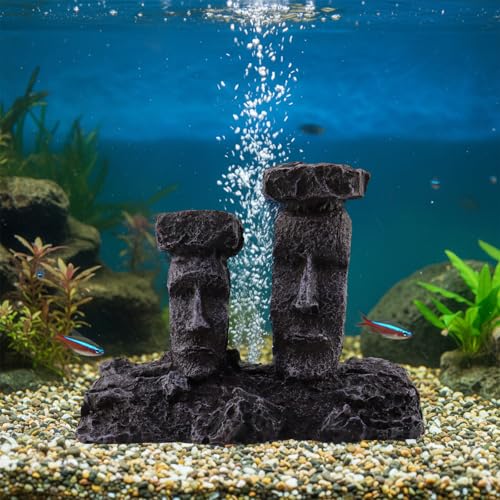 Moai Statues Aquarium Decorations, Fish Tank Easter Island Air Stone Decor, Special Bubble Stone for Aquarium Decor, Airline Tubing Accessories for Oxygenation(Gray Moai Statues)