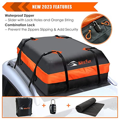 Car Roof Bag Rooftop Cargo Carrier Bag Waterproof 15 Cubic Feet roof Cargo | Soft Shell Luggage rack bag for All Vehicle with/Without Rack,Includes Anti-Slip Mat,8 Reinforced Straps,6 Door Hooks,Lock - size: 15 Cubic Feet