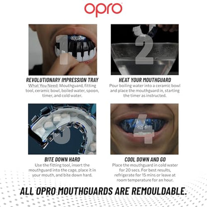 OPRO Instant Custom-Fit Mouthguard – Dentist Level Gum Shield Adult and Kids – OPRO Mouth Guard Boxing and MMA, Self-Fit Gum Shield Rugby – Maximum Protection with Dental Warranty (White/Gold) - color: White/Gold, size: Youth (Under 10)