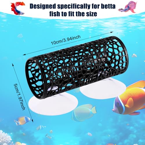 2pcs Betta Fish Tunnels, Black Aquarium Hammock Hideout Cave with 4 Suction Cups Safe Small Hole Hollow Design for Small Fish Shrimp Guppies Betta Tank Accessories & Decor