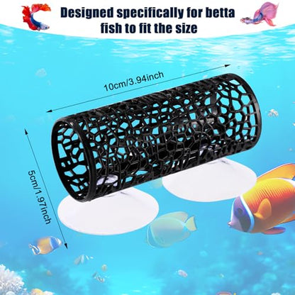 2pcs Betta Fish Tunnels, Black Aquarium Hammock Hideout Cave with 4 Suction Cups Safe Small Hole Hollow Design for Small Fish Shrimp Guppies Betta Tank Accessories & Decor