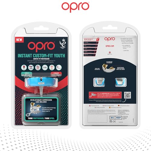 OPRO Instant Custom-Fit Mouthguard – Dentist Level Gum Shield Adult and Kids – OPRO Mouth Guard Boxing and MMA, Self-Fit Gum Shield Rugby – Maximum Protection with Dental Warranty (Sky Blue/White) - color: Sky Blue/White, size: Youth (Under 10)