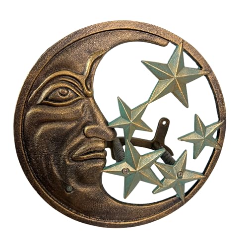 Zeckos Hose Hanger Cast Iron Celestial Moon Face and Stars Wall Mounted Garden Hose Holder, 11.5 X 11.5 Inches, Antiqued Bronze Finish, Hardware Included, 75 Foot Capacity - color: Moon & Stars - Verdigris Stars