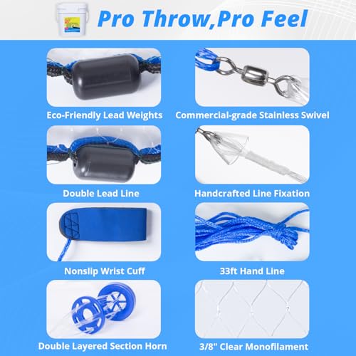 1.3 lbs/ft Fishing Cast Net with Eco-Friendly Lead Weights, 3/8inch Mesh Size, Throw Nets for Freshwater & Saltwater, 4/6/8/10/12 Ft Radius Casting Net - ProCast Series - size: 4 ft radius