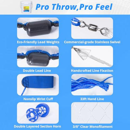 1.3 lbs/ft Fishing Cast Net with Eco-Friendly Lead Weights, 3/8inch Mesh Size, Throw Nets for Freshwater & Saltwater, 4/6/8/10/12 Ft Radius Casting Net - ProCast Series - size: 4 ft radius