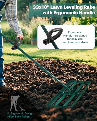 Lawn Leveling Rake 33x10'', Yard Leveling Rake with 78'' Back-Saving Adjustable Handle, Stainless Steel Lawn Leveler Tool for Garden, Backyard, Farm, Golf Course - style: 33’‘x10’‘