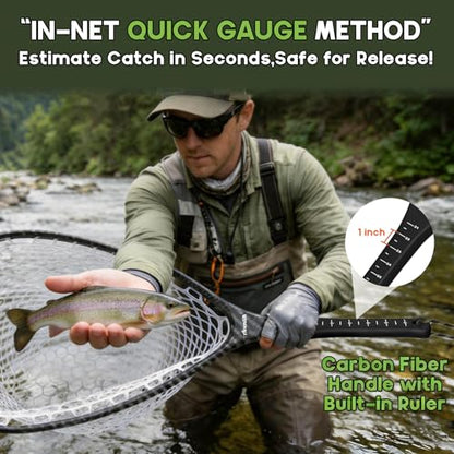 Riverruns Fly Fishing Landing Net Carbon Fiber Trout Net with Measurement Handle, Soft Rubber Mesh - 26" Standard (Wading) / 37" Long (Kayak) - color: 26" Wading Net (Standard) - Black 3K Woven