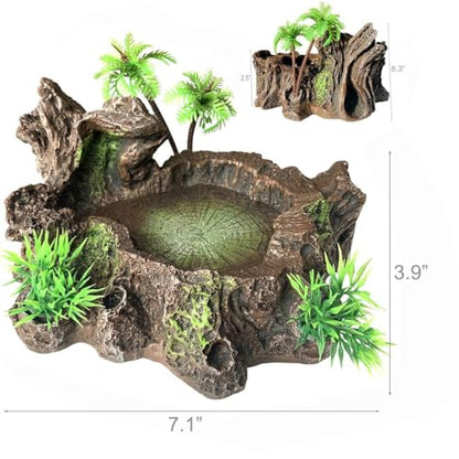 Reptile Water Dish, Snake Water Bowl, Resin Turtle Basking Platform with Artificial Plants, Crested Gecko Tank Accessories for Bearded Dragon, Hermit Crab, Snake (Smooth)