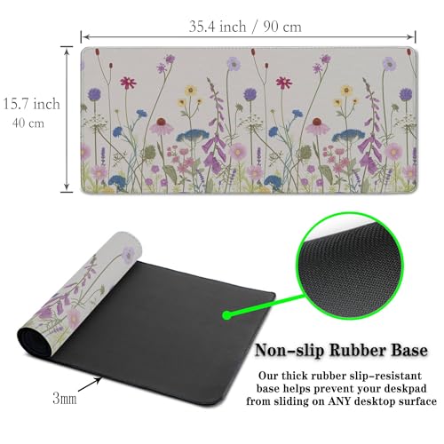 Desk Mouse Pad Flower Keyboard Mat, Mouse Pads Office Desk Pad, The Mousepad Non-Slip Rubber Base Waterproof with Stitched Edges, 35.4" X 15.7" for Work/Game/Office/Home Floral Nature Plant - color: Nature Plant