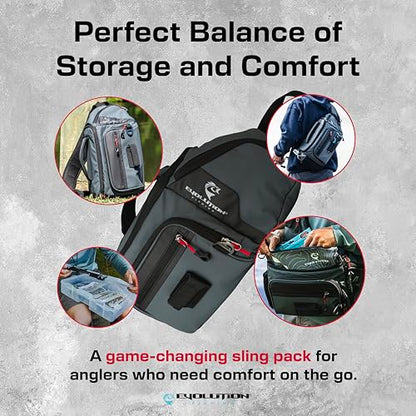 Evolution Fishing Largemouth 3.0 Sling Pack - Grey, 3600, Tackle Storage Shoulder Bag, Includes Deep Quiklatch Tackle Tray, Plier Holster, Heavy Duty Sling Pack