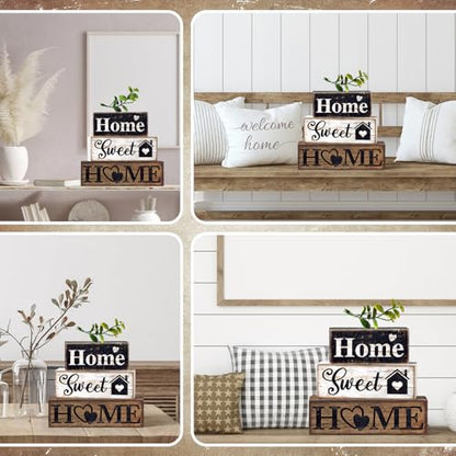 4 Pcs Farmhouse Wooden Tabletop Decor Farmhouse Tiered Tray Decor Rustic Eucalyptus Leaves Wood Block Sign Gift Sweet Home Centerpiece Home Table Decortion