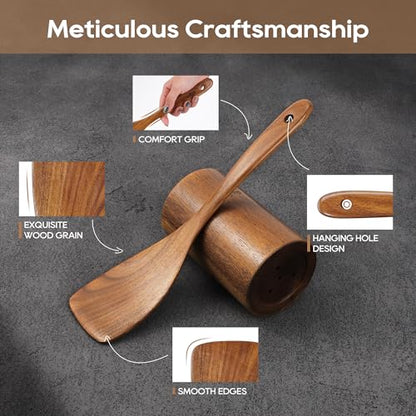 5 PCS Wooden Spatula Set, Natural Teak Wooden Spoons for Cooking, Nonstick Cookware Safe Kitchen Utensils Set, Durable & Elegant Cooking Utensils Gift Set