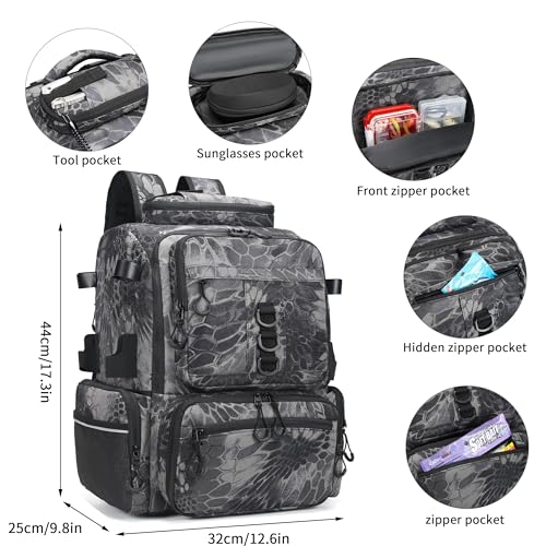 Fishing Tackle Backpack, 45L Storage Waterproof Travel Bag Store Fishing Gear with Insulated Top Pocket