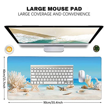 Seashells on Tropical Beach Extended Gaming Mouse Pad Large Desk Mat with Non-Slip Rubber Base and Stitched Edges,Keyboard Mouse Mat Desk Pad for Work,Game,Office,Home 35.4 * 15.7 Inch