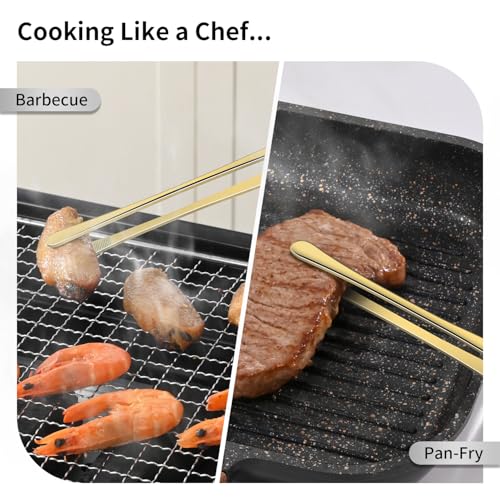 DEHOV 12 Inch Gold Stainless Steel Kitchen Tweezers For Cooking Tongs Set of 2, Metal Long Food Tweezers, BBQ Grill Tongs For Pasta