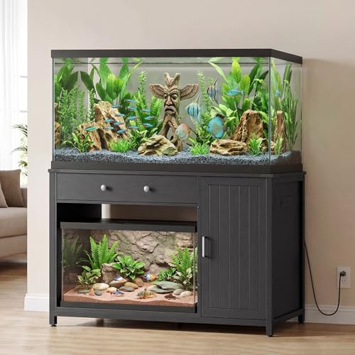 HOOBRO 55-75 Gallon Fish Tank Stand with Charging Station, Heavy Duty 650LB Capacity Aquarium Stand, Reptile Tank Stand with Flip-Door Drawer and Cabinet Storage, Black BB120UFT01