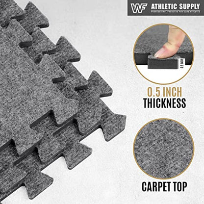 WF Athletic Supply Carpet Top EVA Foam Floor Tiles, Carpet Texture Surface Puzzle Interlocking Mats for Home Gym, Kids Room & Living Room; 24-inch x 24-inch x 12-mm per Tile