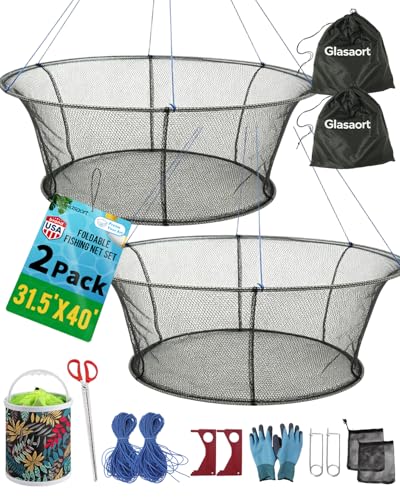 2Pack Drop Net for Pier Fishing Set, Foldable Fishing Net 31.5"×40" Hoop, Foldable Crab & Fishing Net Trap, Crab Nets for Crabbing Trap, Pier & Dock Drop Net for Crawfish, Shrimp, and Minnows
