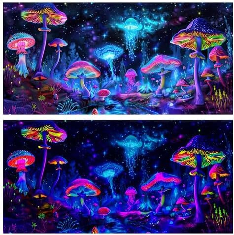 72X16IN Blacklight Mushroom Jellyfish Aquarium Background UV Reactive Background Starry Sky Terrarium Background with 10 EVA Double-Sided Tape - size: 72X16in/180X40cm
