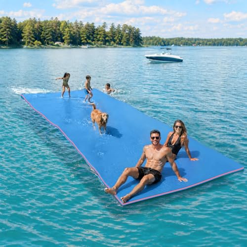 Floating Water Mat for Lake, 1.5 inch Thick Lily Pad Floating Mat for Adults, 3 Layers XPE Foam Lily Pad for Pool, River, Ocean, Boat, Beach - color: Blue/Red/Blue, size: 18FT*6FT