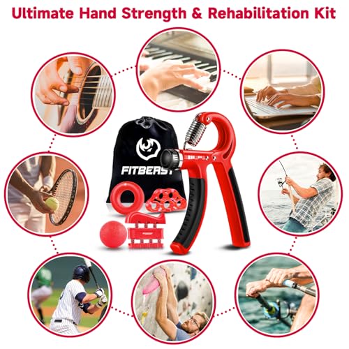 FitBeast Grip Strengthener Forearm Strengthener Hand Grips Strengthener Kit - 5 Pack Adjustable Resistance - color: Red