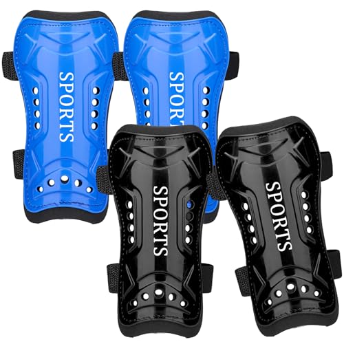 Soccer Shin Guards with Adjustable Double Strap Toddler Kids Youth | 2 Pairs Shin Pads for 3-14 Years Old Boys Girls, Breathable Protective Calf Guards, Anti-Slip for Soccer Training Games - color: Black & Blue, size: Small ( 3'3"-3'8" Tall )
