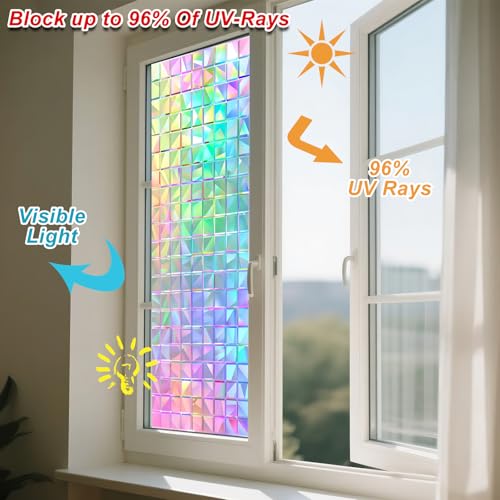 Window Privacy Film Iridescent Tint Stained Glass Window Film Decorative Static Cling Non Adhesive Removable Reusable Window Cling for Bathroom Shower Windows Anti Glare UV Blocking 17.7x39.4 Inch
